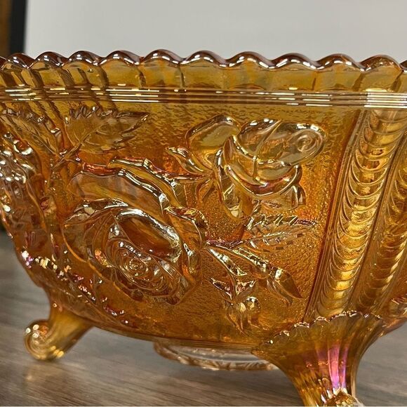 Vintage Fenton Marigold Carnival Imperial Open Rose Footed Bowl 10" dia. EUC - Picture 14 of 14